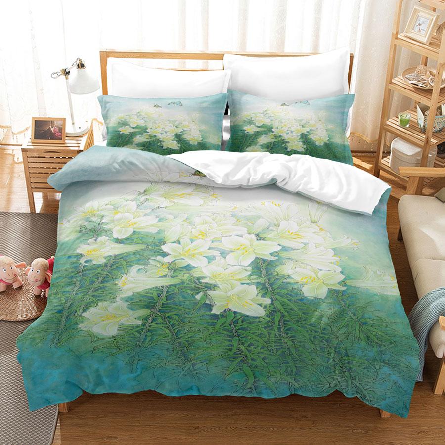 Green Flower Duvet Cover Set Double Bed With Pillowcase Lotus Bedding Set King Size 3pcs 2pcs Single Twin Full 200x200 220x240cm