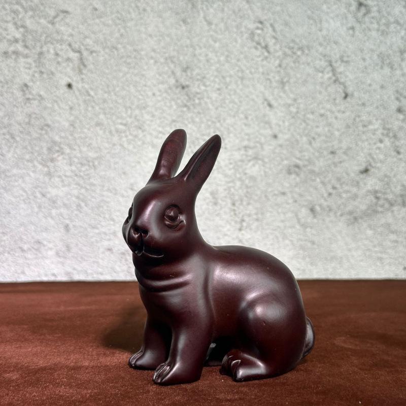 Ebony Zodiac Rabbit Sculpture - Handcrafted Wooden Ornament for Home Decor