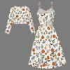 Women Plus Size White Two Piece Set Long Sleeve Cropped Shrug Strappy Tie Waist Pumpkin Bat Printed Dress