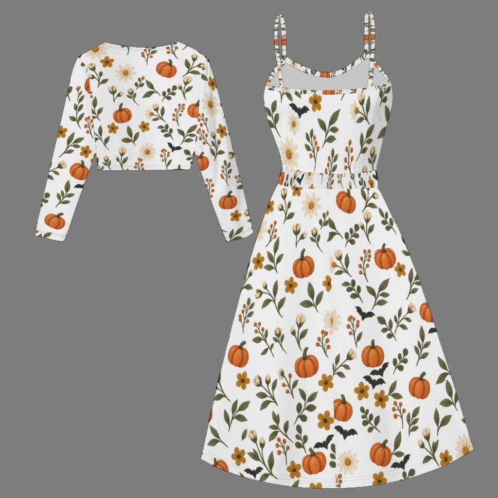 Women Plus Size White Two Piece Set Long Sleeve Cropped Shrug Strappy Tie Waist Pumpkin Bat Printed Dress