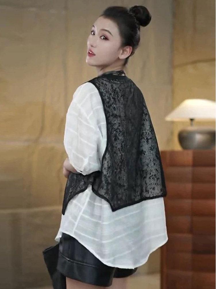 Korean Summer Lace Crochet Leaf Vest Spliced Women's Loose Pullover Top