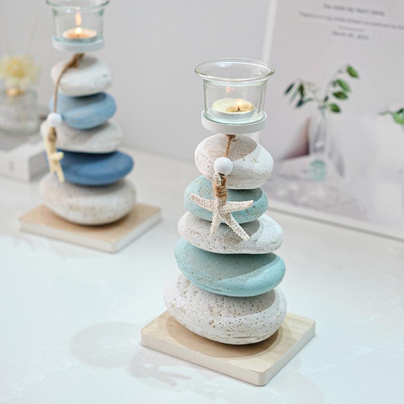 1pc Mediterranean-Style Stone Candlesticks, Decorative Ornaments, Handcrafted Wooden Starfish Display Tables For Birthday Gifts