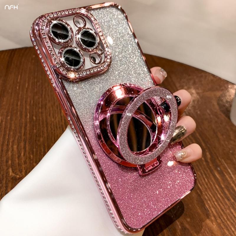 For iPhone 16E Pro Max Luxury Plating Flash Mirror Holder Stand Diamond Frame For iPhone 11 12 13 14 15 16 Plus Protective Cover
