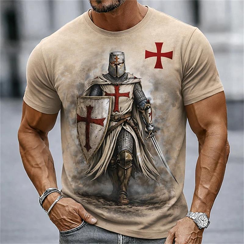 2026 Sommer Retro Herren Templer Kreuzritter T-Shirt Kurzarm T-Shirt 3D-Druck Rundhals Religiöser Stil Festliches Outfit