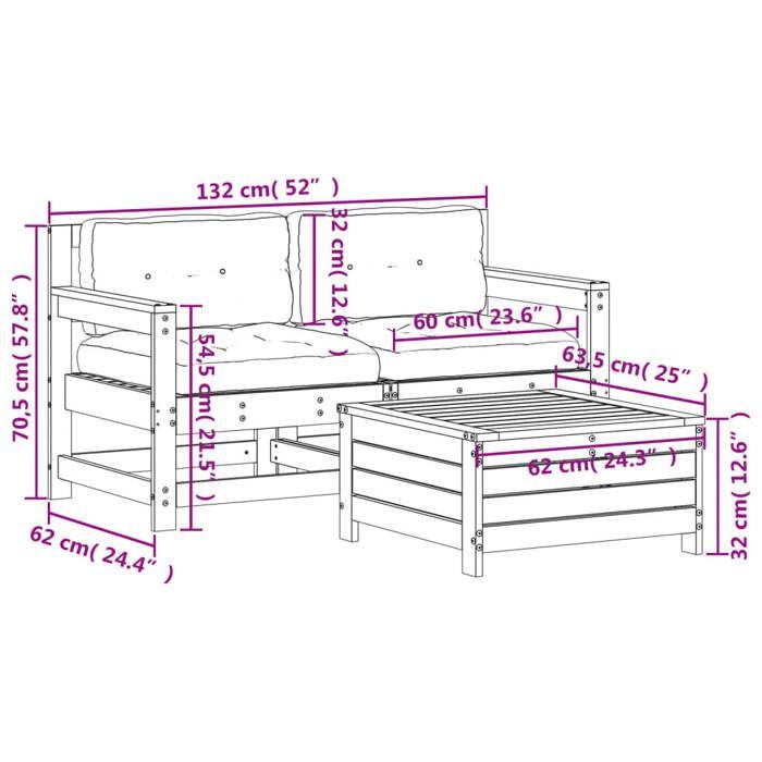 VidaXL Salon de Jardin avec Coussins 3 pcs, Canapés de Terrasse, Ensemble de Meubles de Patio, Mobilier d'Extérieur, Bois 3250766