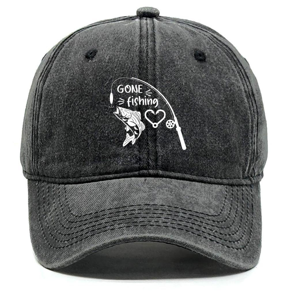 GONE Fishing" Print Adjustable Sun Hat, Fishing Rod Fishhook Flat Cap Washed Simple Hip Hop Adjustable Buckle Snapback Baseball Hat