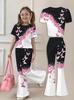 Set 2 piese pentru fete cu imprimeu grafic 3D, tricou cu mânecă scurtă și pantaloni evazați, set casual streetwear pentru copii