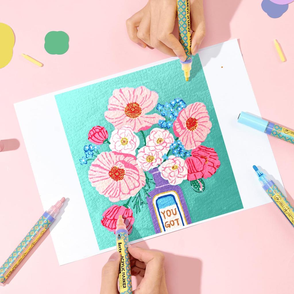 Arrtx Acrylic Paint 48 Acrylic Paint Markers for Rock Painting on Card DIY Crafts Pens, Colors, Wood, Ceramic, Fabric, Glass, Canvas, Plastic, Metal,