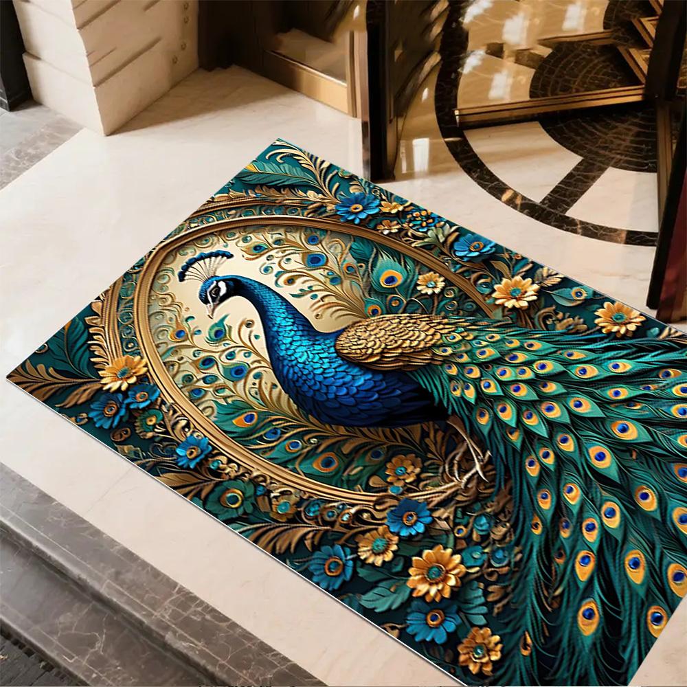 1pc Home Carpet Peacock and Flowers Non-Slip Design for Office Decor Living Room Bedroom Gift