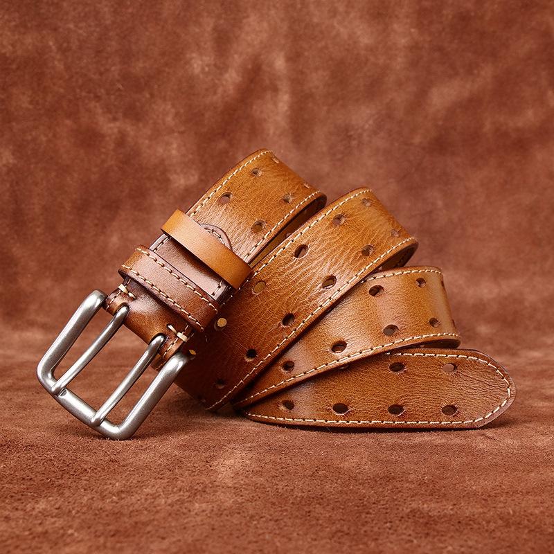 

Мужской кожаный ремень Ретро мода и персонализированный модный универсальный первый слой коровьей кожи с двойной пряжкой Кожаные джинсы Мужской ремень 125cm