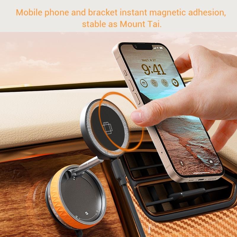 Vacuum Magnetic Car Phone Holder with Wireless Car Charger 360 Rotation Foldable Design Strong Magnetic Absorption Phone Holder