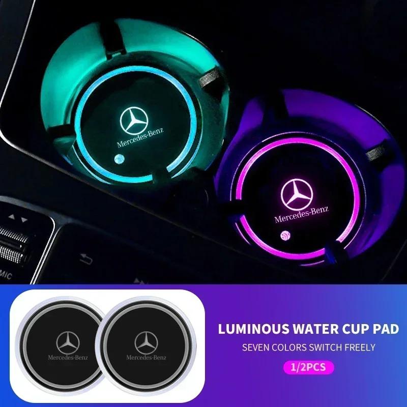 AZP2 1/2PCS Car Luminous Water Cup Pad LED Atmosphere Light For Mercedes Benz B/C/E/S Class A Class C200L GLC GLE CLA accessories