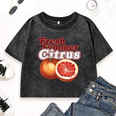 Frisches Sommer-Zitrus-Orange bedrucktes Damen-Wasch-T-Shirt Baumwolle O-Ausschnitt Streetwear Sommer Y2K T-Shirts Kleidung