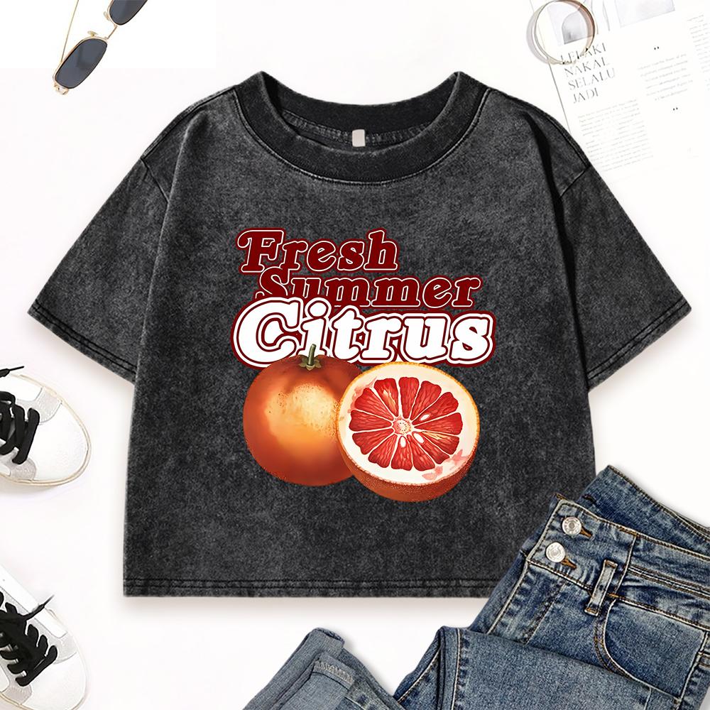 

Свежая летняя футболка с принтом апельсина цитрусовых для женщин, из стираного хлопка, с круглым вырезом, уличная одежда, летние футболки Y2K, одежда L
