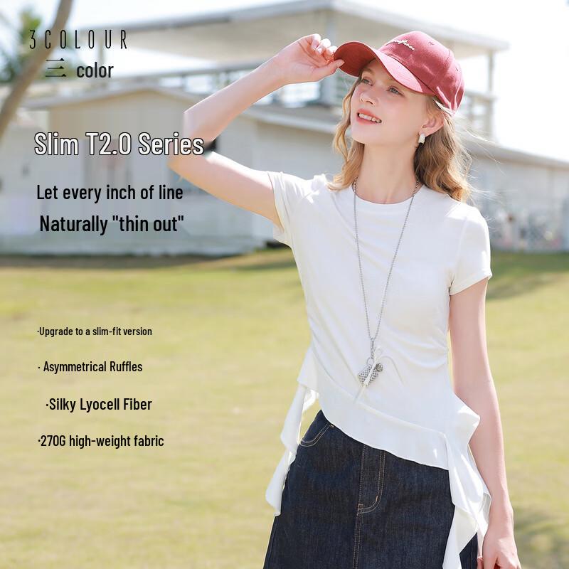 SanCai Women s Slim Fit Ruffle Hem Short Sleeve T-shirt S