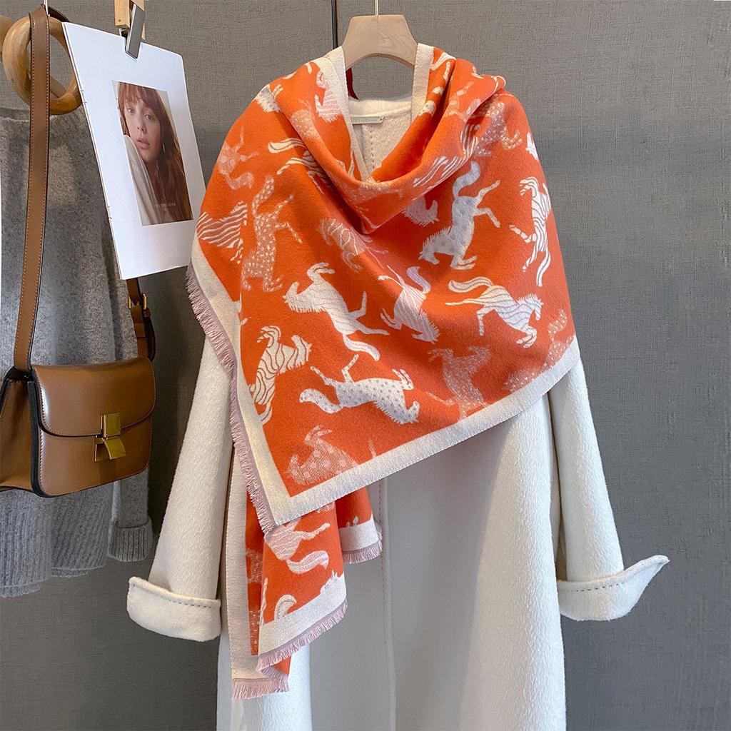 Women Thick Warm Shawl Small Horse Print Scarves Winter Cashmere Scarf Luxury Quality Wrap New Tessel Echarpe Blanket Pashmina