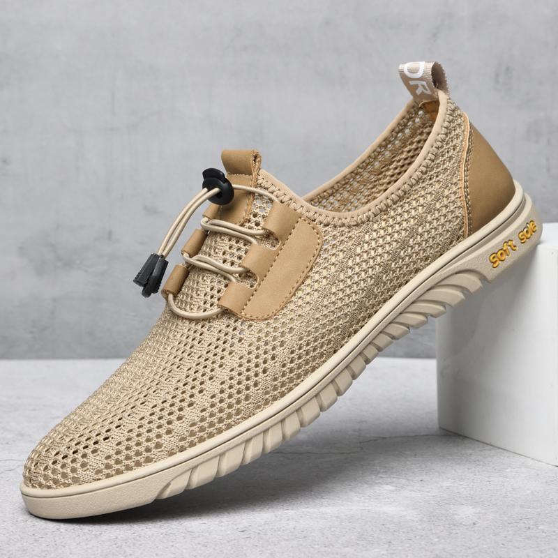 Fashion Men Casual Mesh Shoes Summer Breathable Outdoor Lightweight Hiking Trekking Genuine Leather Sneaker Fashion Soft Sole Low Shoes