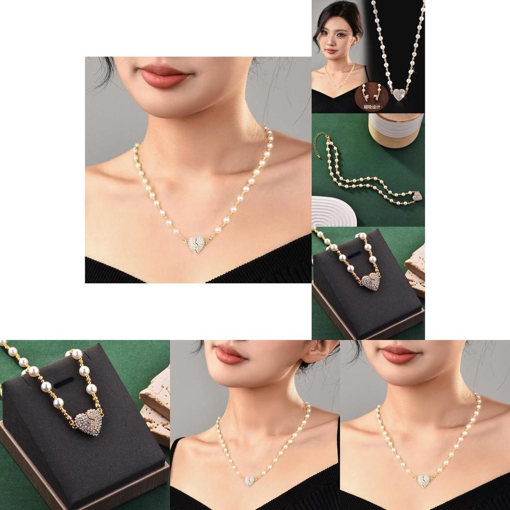 Elegant Heart Shaped Pendant Necklace With Sparkling Diamonds And Pearls For Women