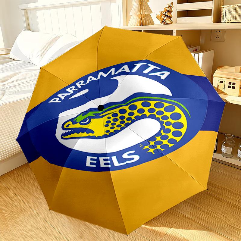 Parramatta Eels Team Crest Automatic Folding Umbrella - 8-Rib Travel Umbrella with Auto Portable Case, Ideal Gift for Birthdays