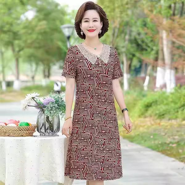 Imitation Ice Silk Printed Mid-Length Dress for Summer 2024 - Elegant Mulberry Silk Design for Middle-Aged and Elderly Women