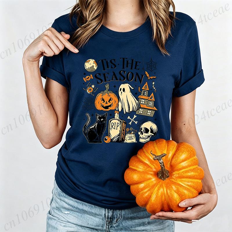 Halloween Shirt,Tis The Season Retro Ghost Spooky Season Halloween Costume Tees T-Shirt, Y2K Halloween T-Shirts Vintage Tops