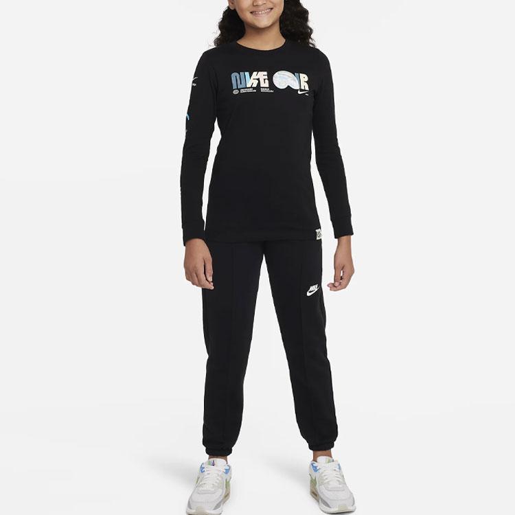 Nike Sportswear Letter Print Crew Neck Long Sleeve T-Shirt Kids Tops Black DX9531-010