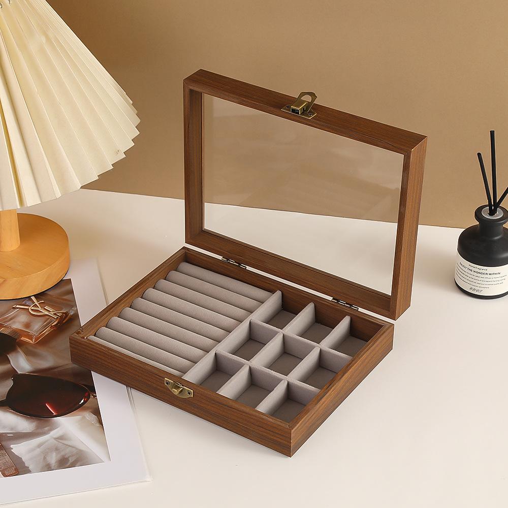 Jewelry Storage Box Peach Wood Grain Transparent Window Multi-Functional Compartments Dustproof Display Gift Box Organizer коричневый