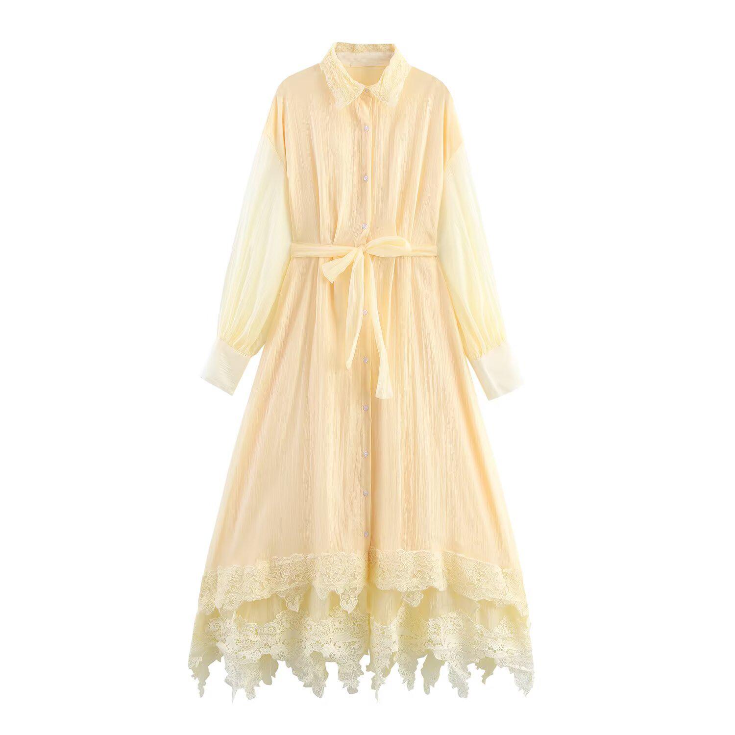 Autumn 2025 Yellow Patchwork Lace Long Sleeve Shirt Dress Medium