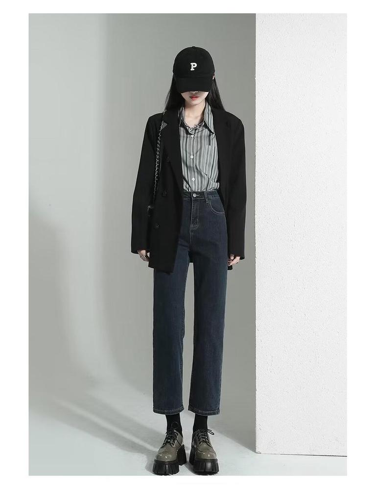 2025 Spring/Autumn Women's High Waist Straight Leg Jeans - Slimming Light Tone Cropped Cigarette Pants