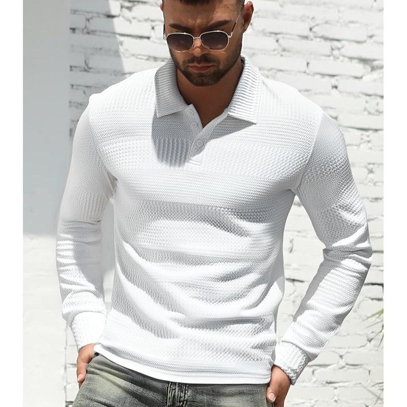 Men s White Waffle Textured Lapel Long Sleeve Slim Fit Polo Shirt S