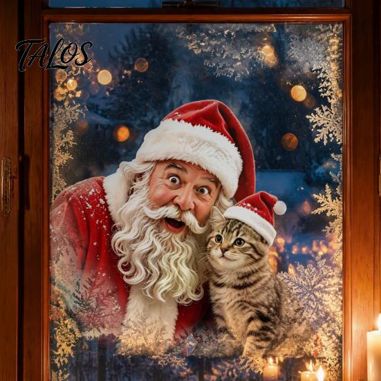Creative Christmas Gift Ideas Window Static Sticker, Santa Claus And Cute Kitten PVC Holiday Glass Decals Decal, Waterproof Reusable Cling for