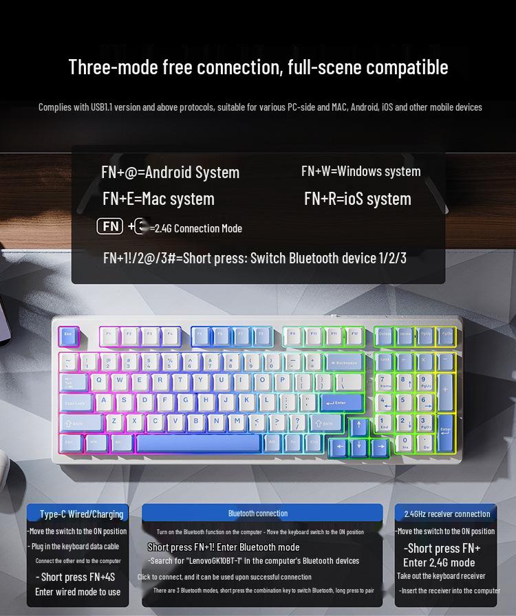 Aurora GK10 Two-Tone 98-Key Mechanical Hot-Swappable Backlit Esports Keyboard (Three-Mode, Wired/Wireless, Rechargeable)