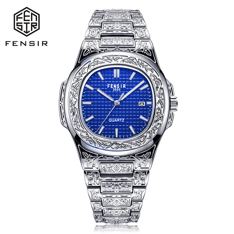 FENSIR Engraved Mesh Men's Retro Calendar Quartz Watch In European and American Style