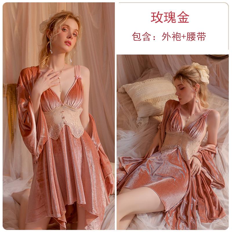 Women's Velvet Padded Backless Cami Sleep Dress with Robe Lounge Set