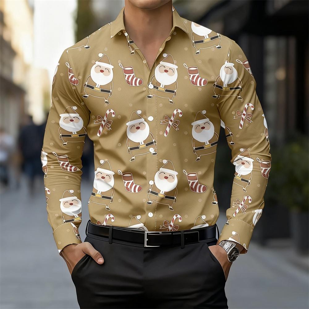 Weihnachten Langarmhemd Kragen Herren Button-Up Hemd Herbst Weihnachten Schneemann 3D-Druck Langarm Herren Feiertagsparty Oberteile