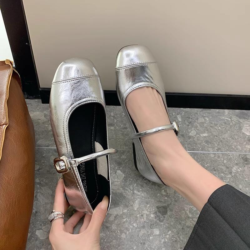 Silver Mary Jane light mouth single shoes women's spring new Korean version square head French fairy style soft sole Doudou shoes