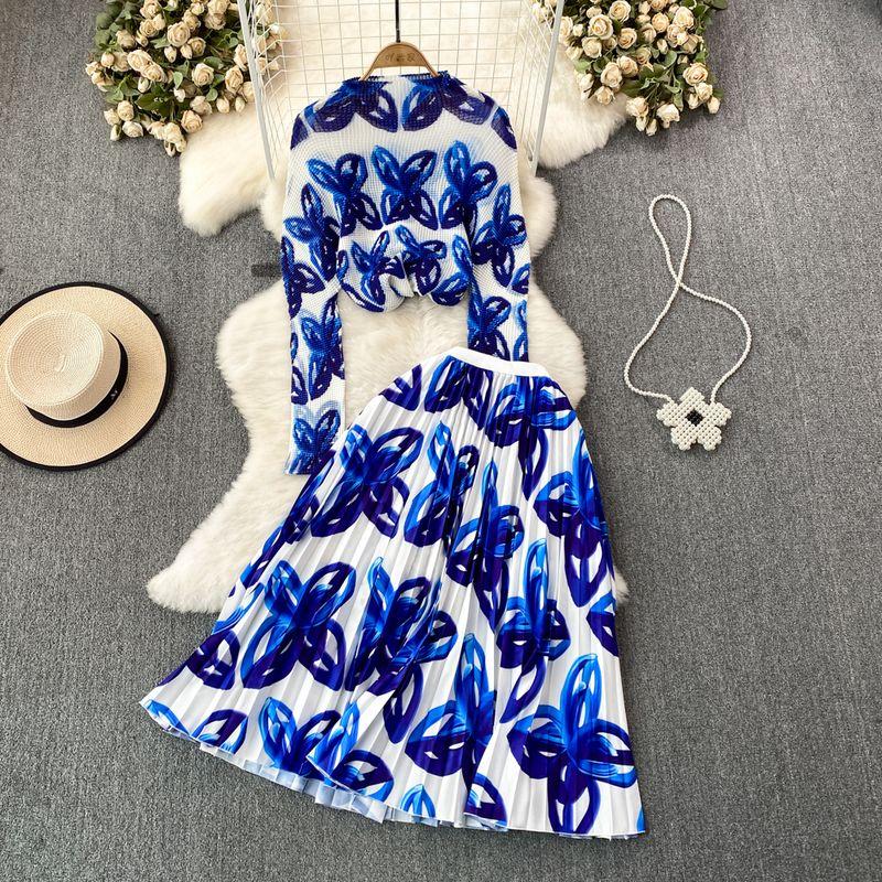 Sanzhai Ruched Celadon High Waist Skirt Fashion Suit
