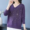 Autumn and Winter Women's V-Neck Sweater Solid Color Loose Beaded Sweater Plus Size Knitted Pullover Top