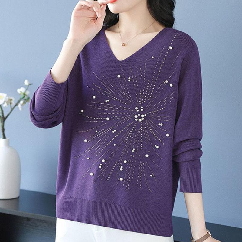 Autumn and Winter Women's V-Neck Sweater Solid Color Loose Beaded Sweater Plus Size Knitted Pullover Top