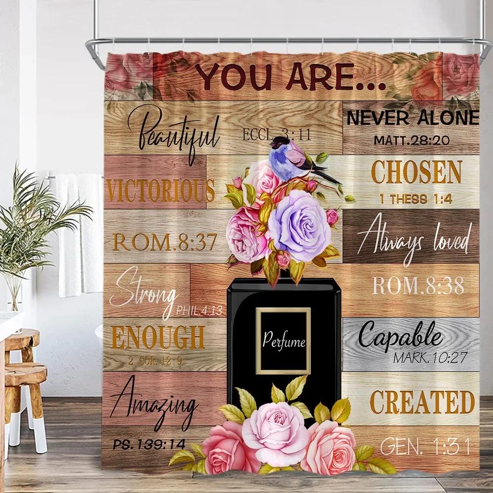 Pink perfume bottle shower curtain pink flower cosmetic pattern bathroom decoration modern fashion shower curtain with hook