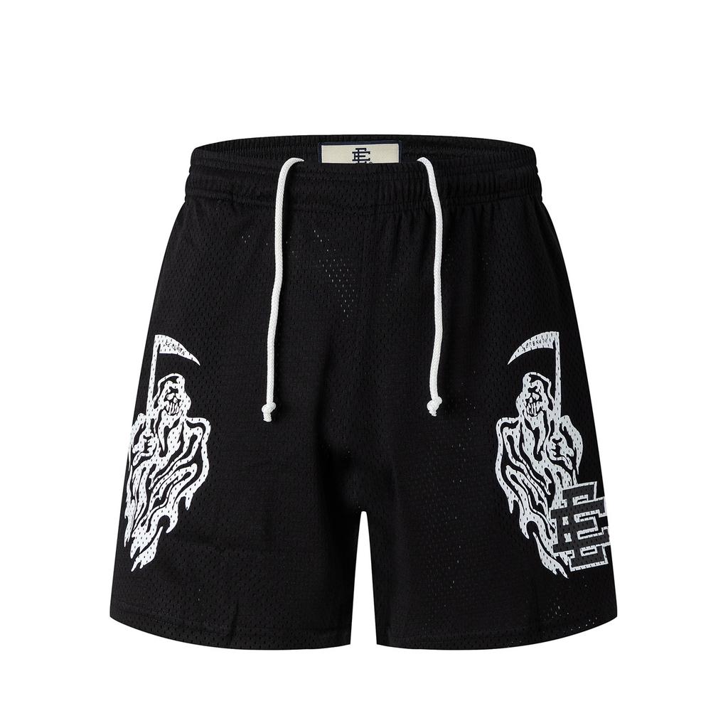 EES-10 Heren Mesh Atletische Korte Broek, Zwart Grim Reaper Print Ademend Zomer Straat Strand Boardshort