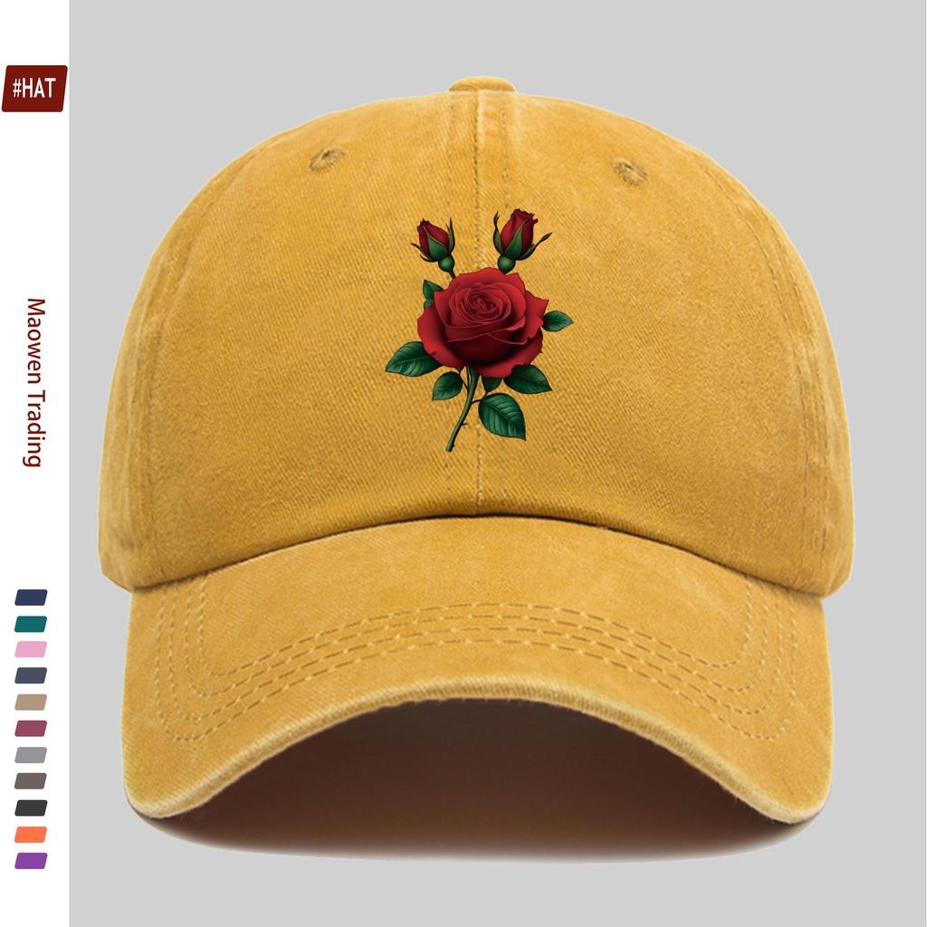 Pc Red Rose Green Leaf Print Baseball Cap for Women Men Adjustable Buckle Strap Lightweight Vintage Sun Hat Suitable for