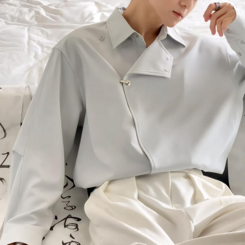 Men's Spring Autumn Asymmetrical Button Long Sleeve Shirt Casual Loose Top