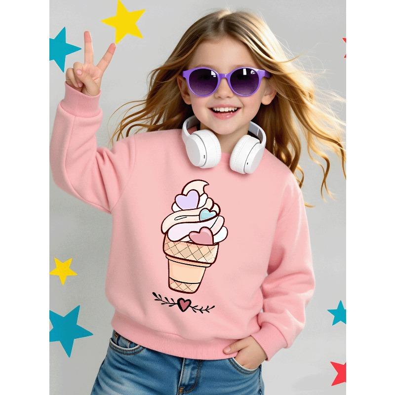 Kids Sweatshirt Crewneck Sweatshirt for Kids Featuring a Heart-Shaped Ice Cream Cone Design, Suitable for Machine Washing