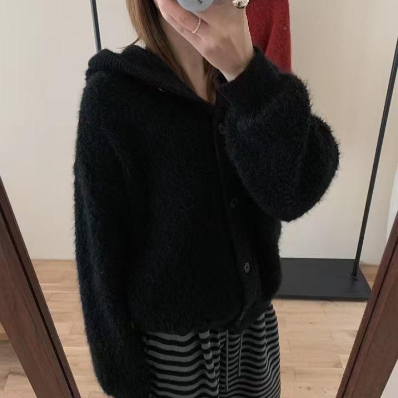 Soft Waxy Casual Versatile Hooded Knitted Cardigan Top Women's Solid Color Loose Lazy Wind Thickened Sweater Jacket