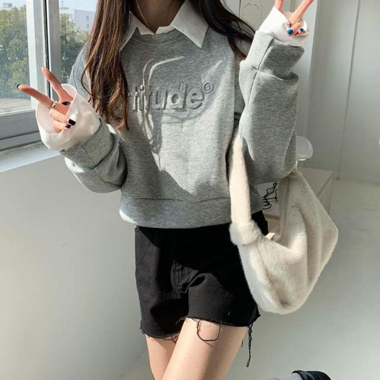High Waist Women Sweatshirt Short Long Sleeve Solid Color Top