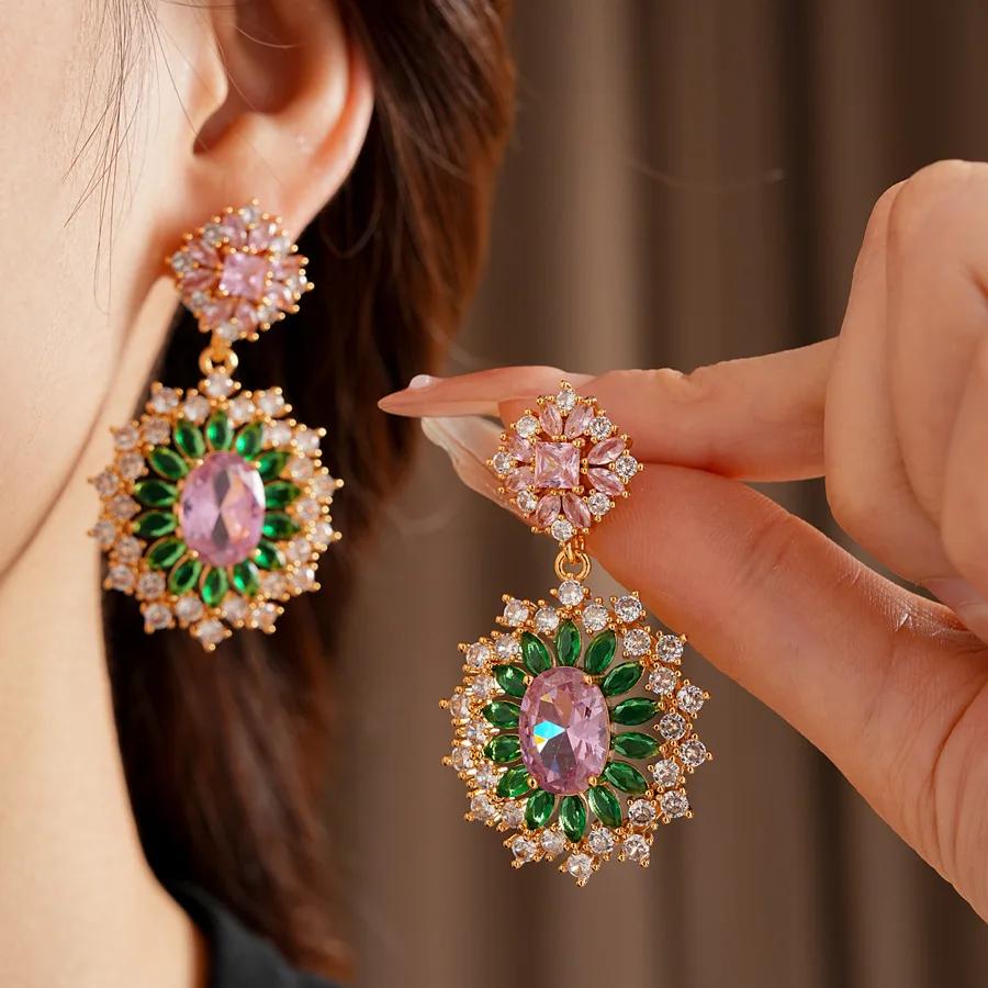 Vintage Zirkon Blumen Quastenohrring für Damen Zinklegierung Nadel Farbe Hängeohrringe High-End 2025 Luxus Designer Zirkon Geschenke