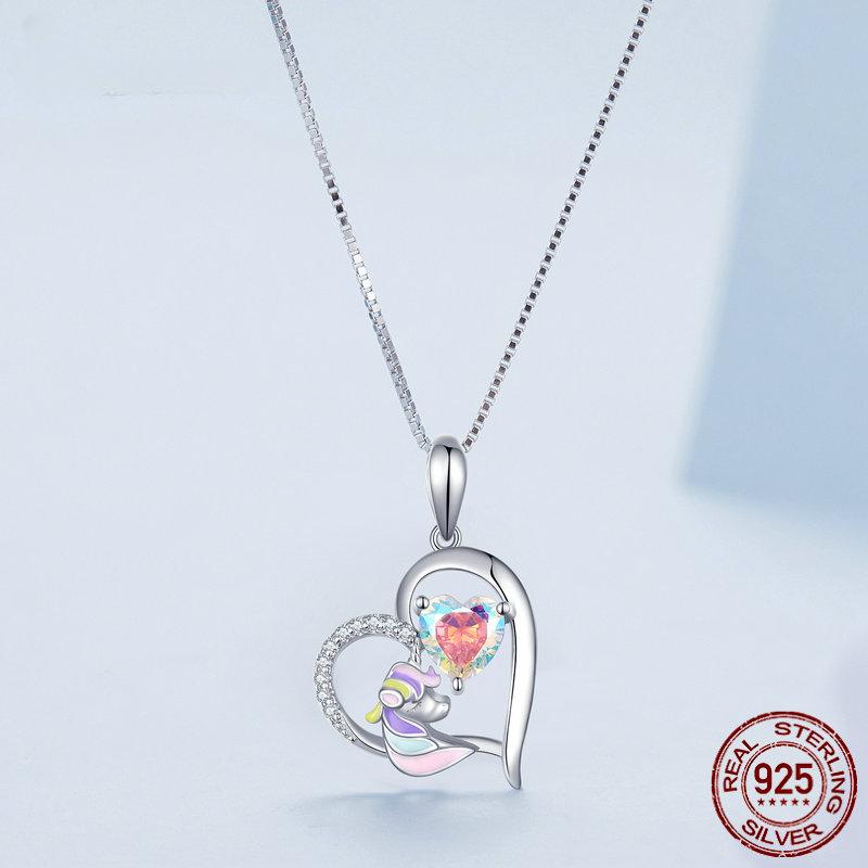 S925 Sterling Silver Delicate Colorful Zircon Heart Pendant Necklace Enamel Unicorn Neck Chain for Women Fine Jewelry