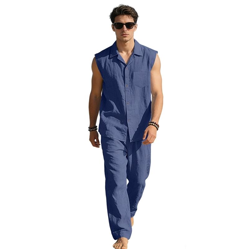 Summer Men Linen Matching Outfit Sleeveless Lapel Button Front Pocket Shirt Elastic Drawstring Straight Leg Trousers Breathable Casual Two Piece Suit