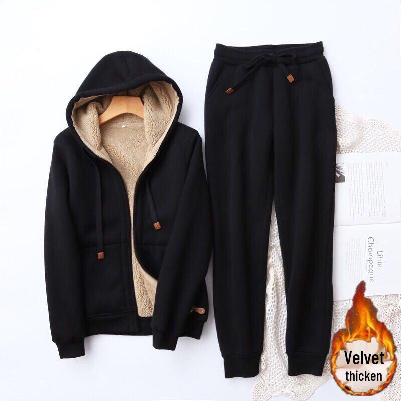 Plus Size Women's Fleece Lined Hooded Jacket & Sportswear Set - Autumn/Winter Korean Style